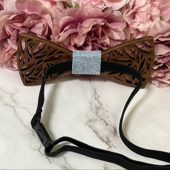 Handmade Wood Butterfly Bow Tie Cufflinks Blue Pocket Square & Boutonnière Set - Picture 9 of 16